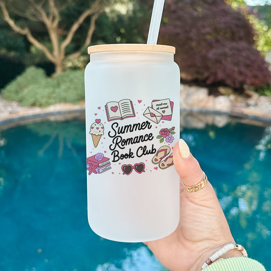 Summer Romance Book Club Frosted Glass Cup with Bamboo Lid & Straw