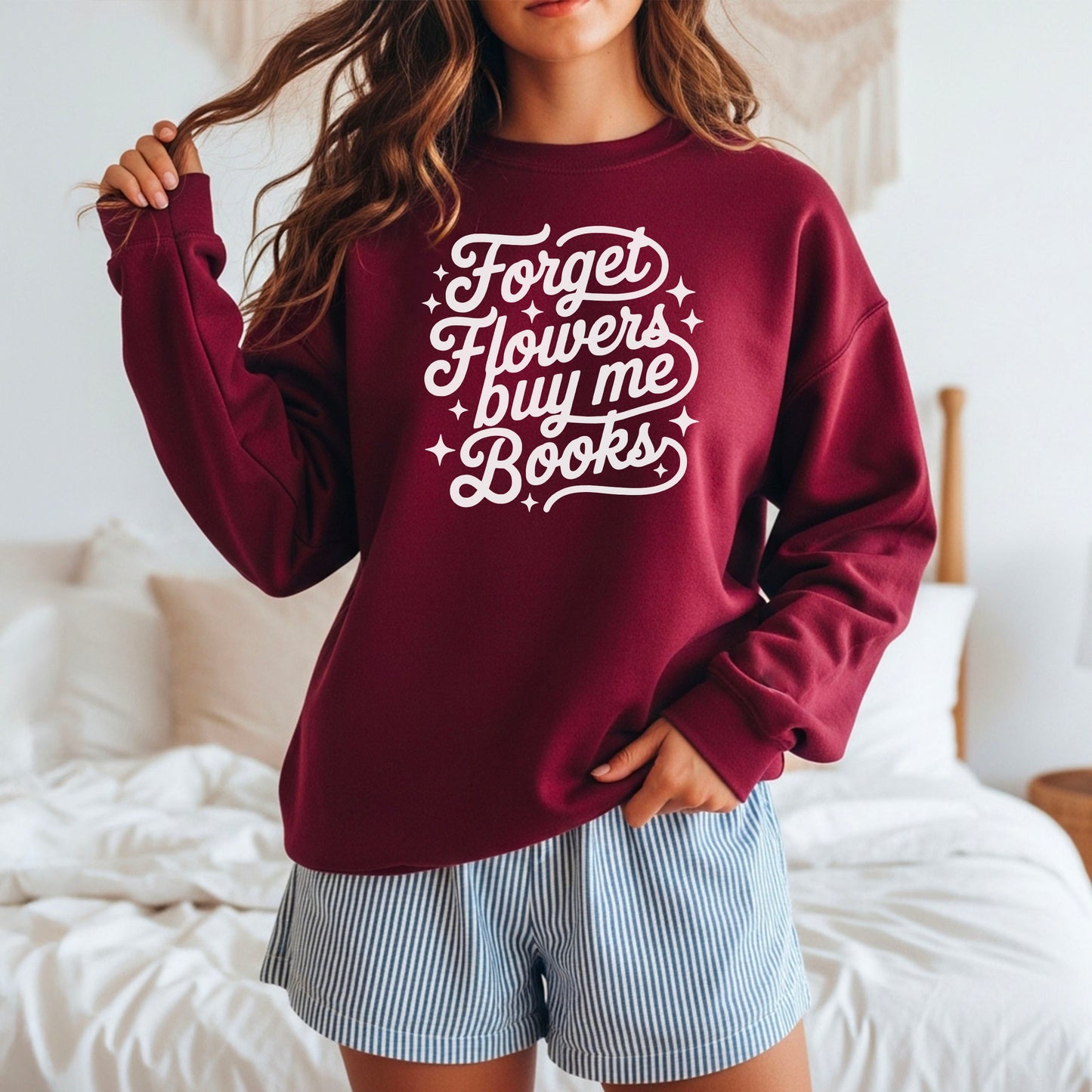 Forget Flowers Buy Me Books Gildan Heavy Blend Crewneck Sweatshirt
