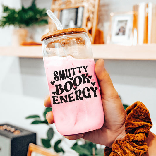 Smutty Book Energy Clear Glass Cup Spicy Romance Reader Iced Coffee Bookish Tumbler with Bamboo Lid and Straw