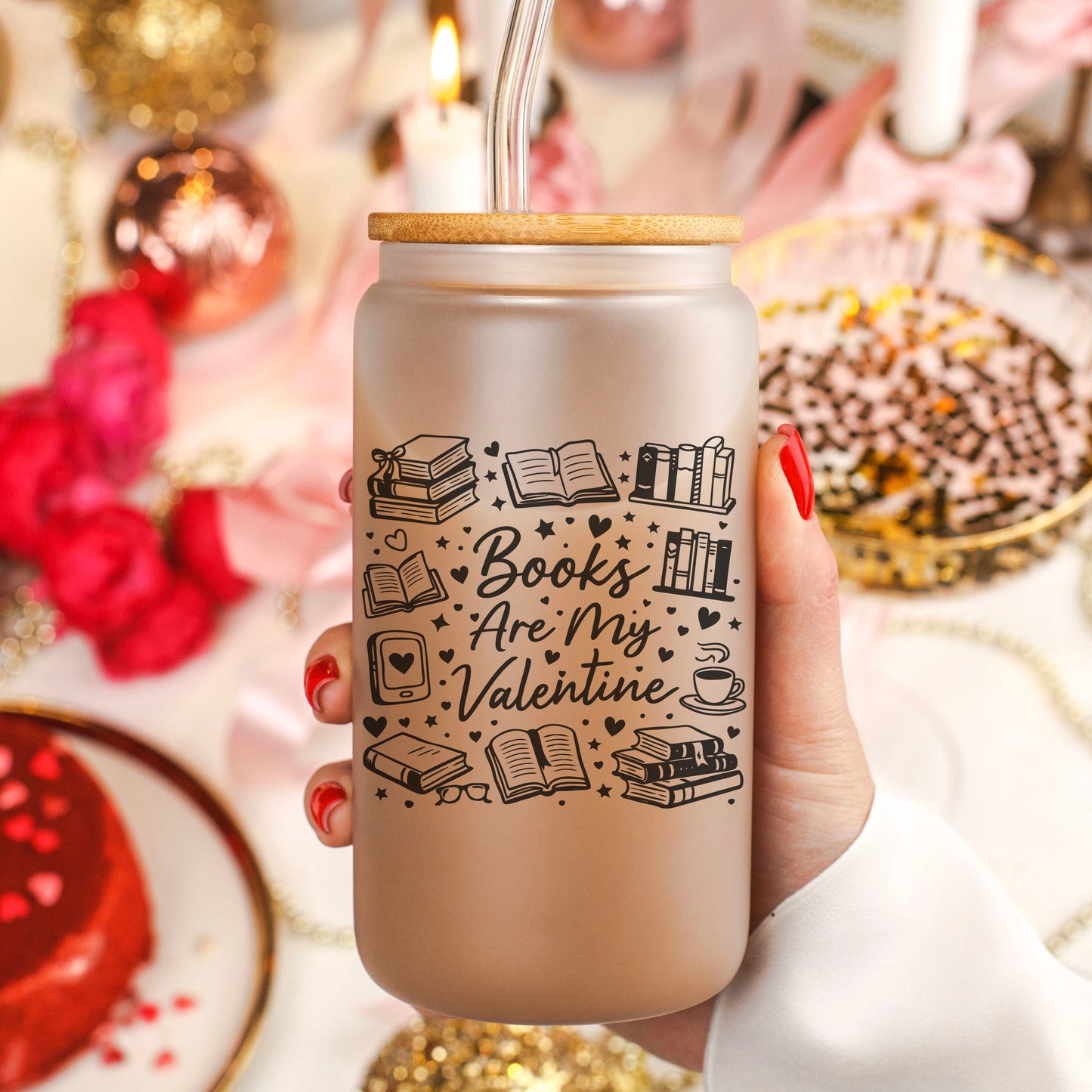 Books Are My Valentine (Graphic) Frosted Glass Cup with Bamboo Lid & Straw