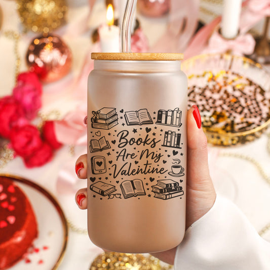 Books Are My Valentine (Graphic) Frosted Glass Cup with Bamboo Lid & Straw