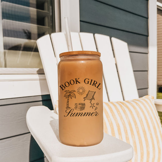 Book Girl Summer Frosted Glass Cup with Bamboo Lid & Straw