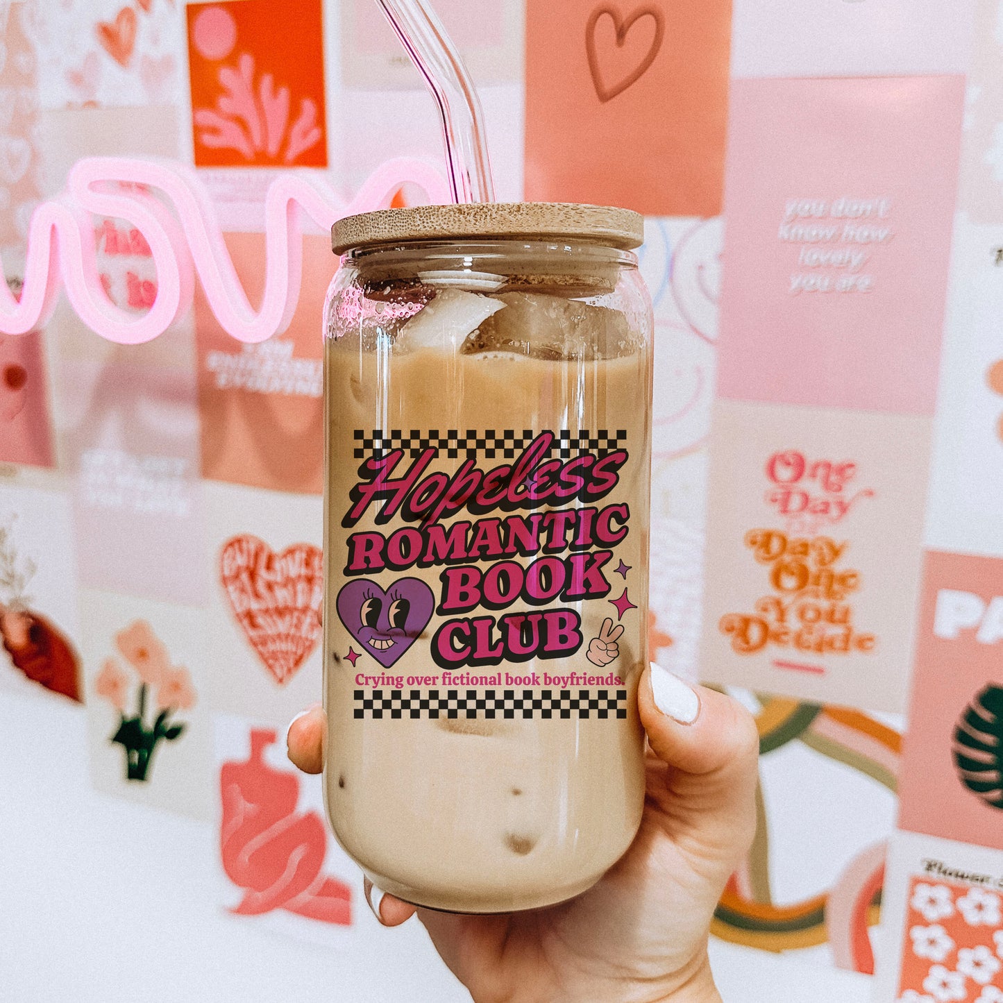 Hopeless Romantic Book Club Clear Glass Cup with Bamboo Lid and Straw | Perfect for Book Lovers and Valentine’s Day