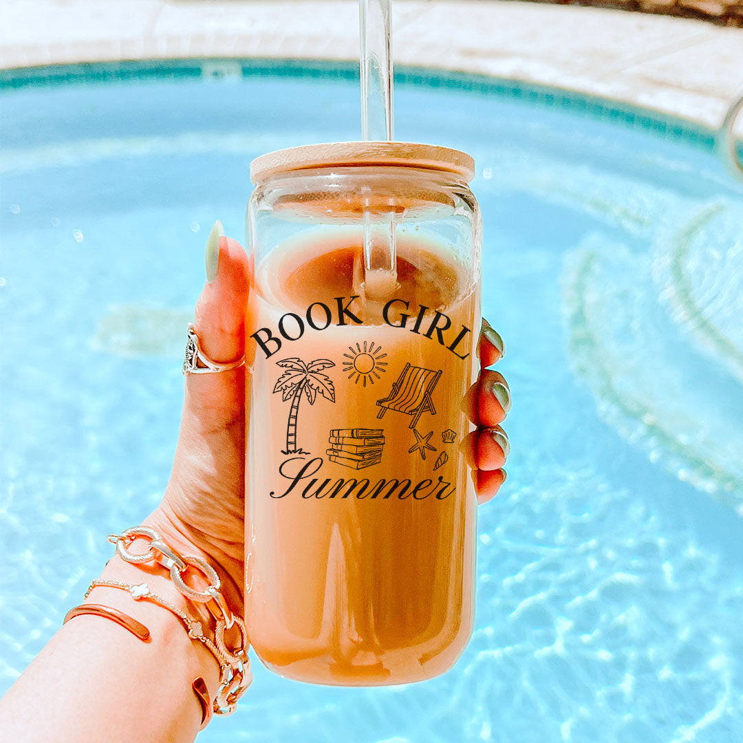 Book Girl Summer Clear Glass Cup with Bamboo Lid & Straw