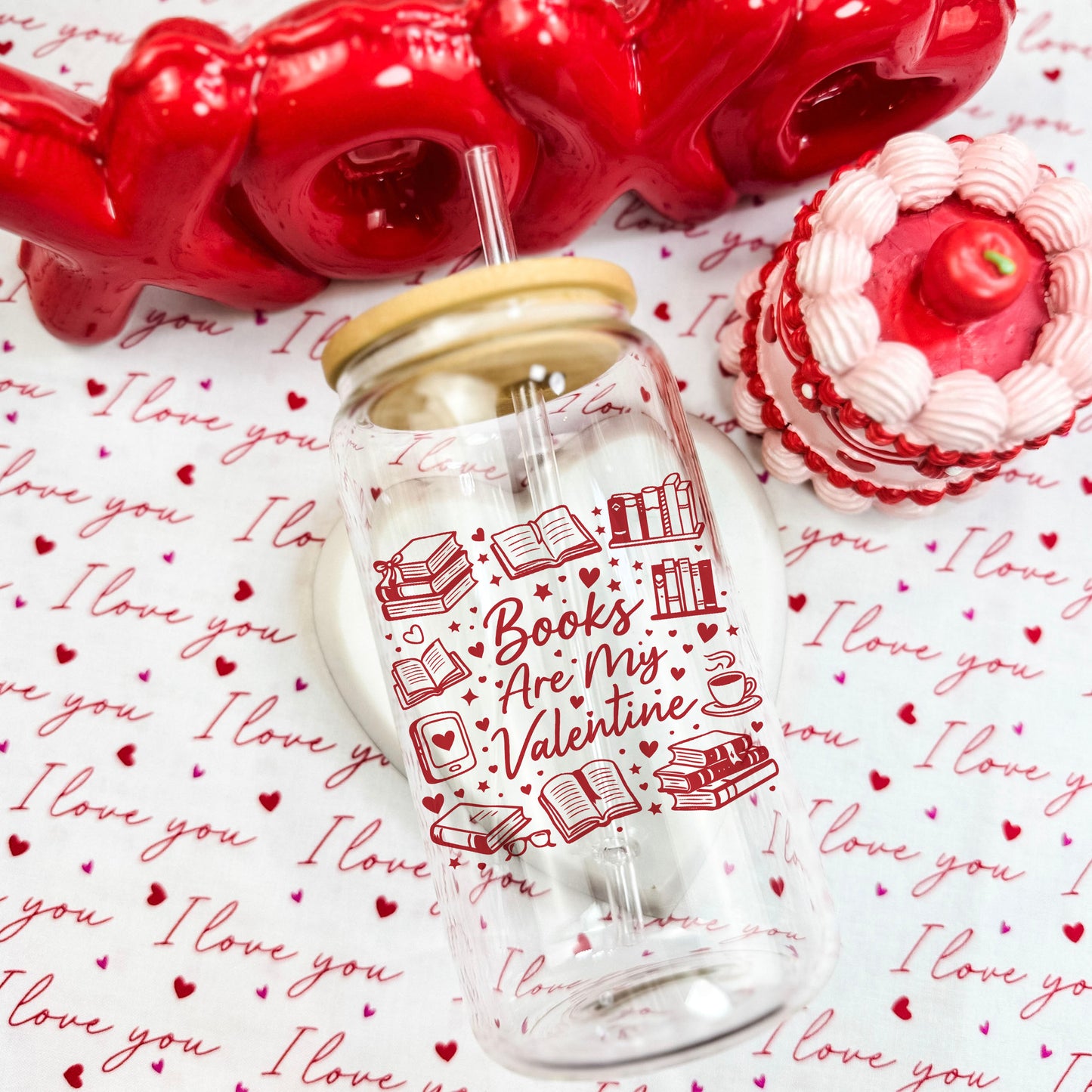 Books Are My Valentine (Graphic) Clear Glass Cup with Bamboo Lid & Straw