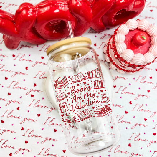 Books Are My Valentine (Graphic) Clear Glass Cup with Bamboo Lid & Straw