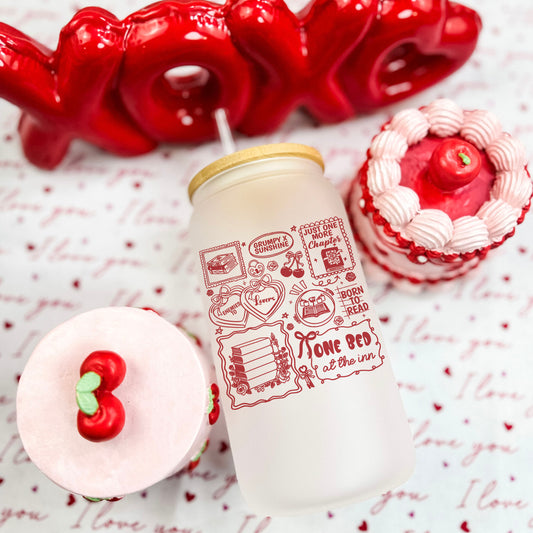 Bookish Romance Tropes Frosted Glass Cup with Bamboo Lid & Plastic Straw