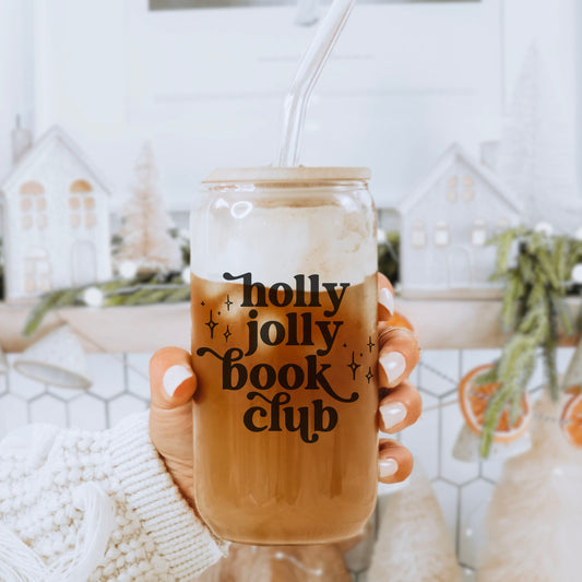 Holly Jolly Book Club Clear Glass Cup With Bamboo Lid And Straw
