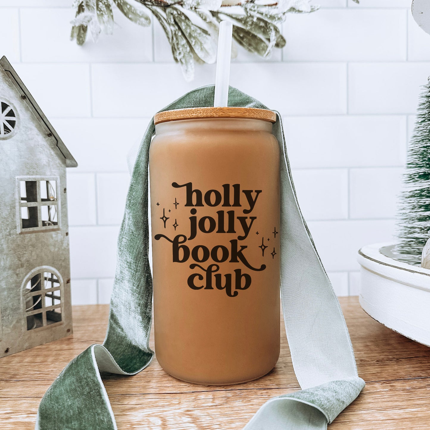 Holly Jolly Book Club Frosted Glass Cup With Bamboo Lid And Straw