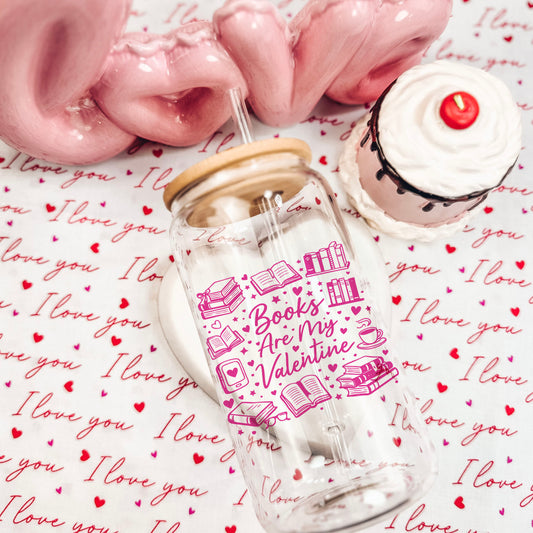 Books Are My Valentine (Graphic) Clear Glass Cup with Bamboo Lid & Straw