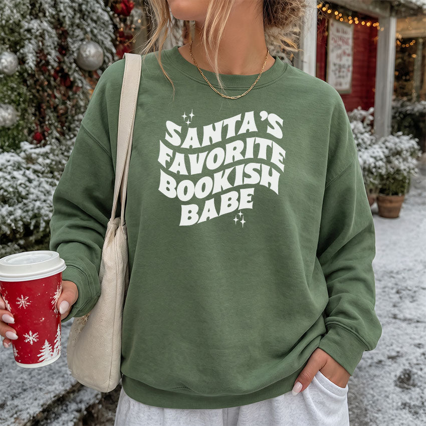 Santa's Favorite Bookish Babe Gildan Crewneck Sweatshirt